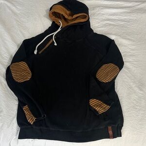 AMPERSAND AVE Black Hoodie with Brown Striped Elbow Patches and Lined Hood